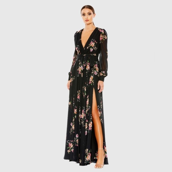 IEENA FOR MAC DUGGAL 55661 NWT Belted Floral Print Illusion Long Sleeve Gown - Picture 1 of 6